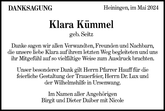 Traueranzeige von Klara Kümmel von NWZ Neue Württembergische Zeitung