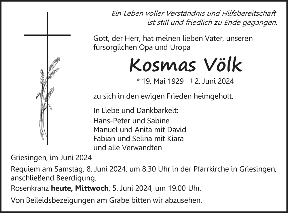  Traueranzeige für Kosmas Völk vom 05.06.2024 aus Ehinger Tagblatt