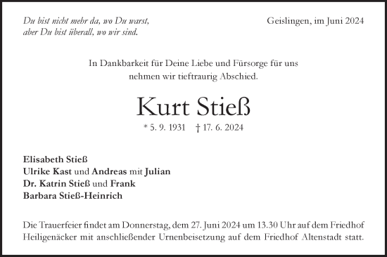 Traueranzeige von Kurt Stieß von Geislinger Zeitung