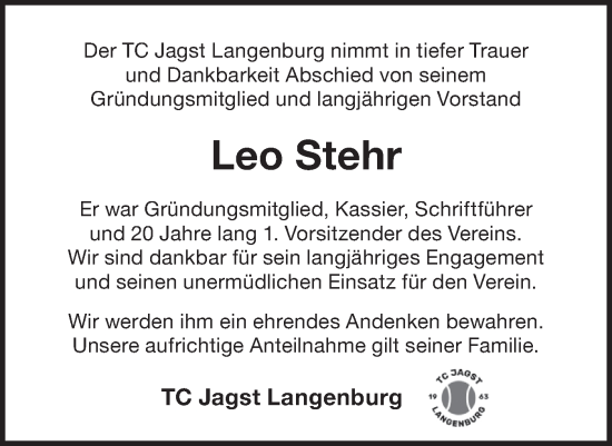 Traueranzeige von Leo Stehr von Hohenloher Tagblatt