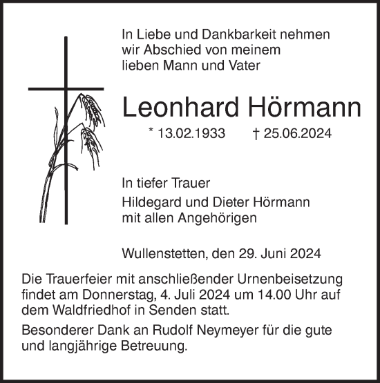 Traueranzeige von Leonhard Hörmann von SÜDWEST PRESSE Ausgabe Ulm/Neu-Ulm/Neu-Ulmer Zeitung