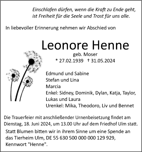 Traueranzeige von Leonore Henne von SÜDWEST PRESSE Ausgabe Ulm/Neu-Ulm