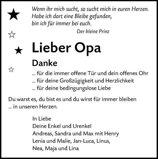 Traueranzeige von Lieber Opa  von Alb-Bote/Metzinger-Uracher Volksblatt