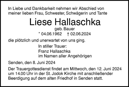 Traueranzeige von Liese Hallaschka von SÜDWEST PRESSE Ausgabe Ulm/Neu-Ulm/Neu-Ulmer Zeitung