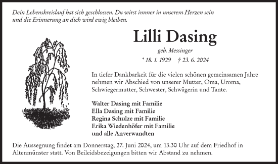 Traueranzeige von Lilli Dasing von Hohenloher Tagblatt