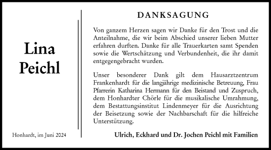 Traueranzeige von Lina Peichl von Hohenloher Tagblatt