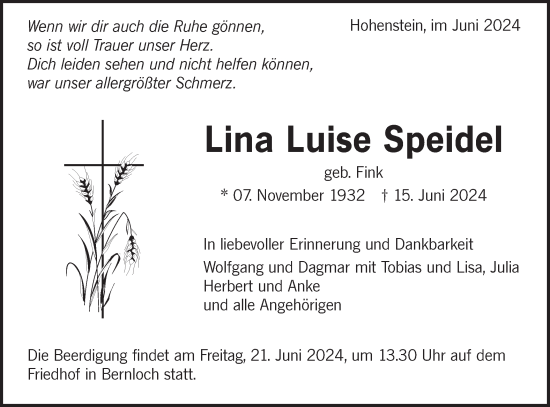 Traueranzeige von Lina Luise Speidel von Alb-Bote/Metzinger-Uracher Volksblatt