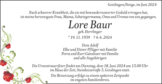 Traueranzeige von Lore Baur von Geislinger Zeitung