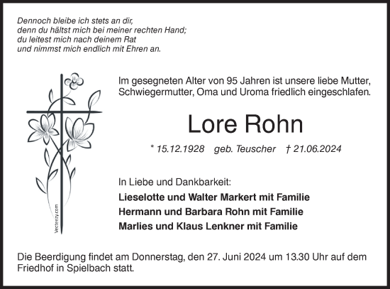 Traueranzeige von Lore Rohn von Hohenloher Tagblatt