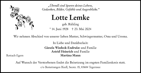 Traueranzeige von Lotte Lemke von Hohenloher Tagblatt