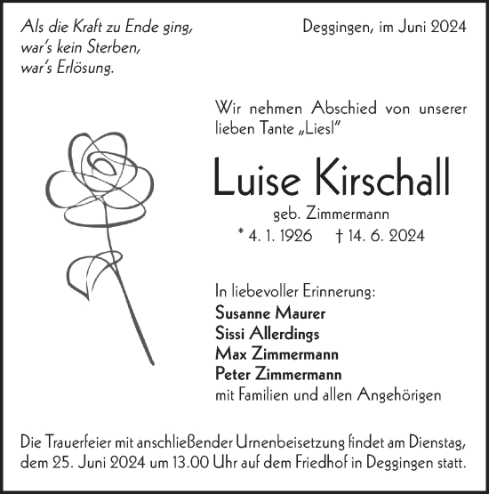 Traueranzeige von Luise Kirschall von Geislinger Zeitung