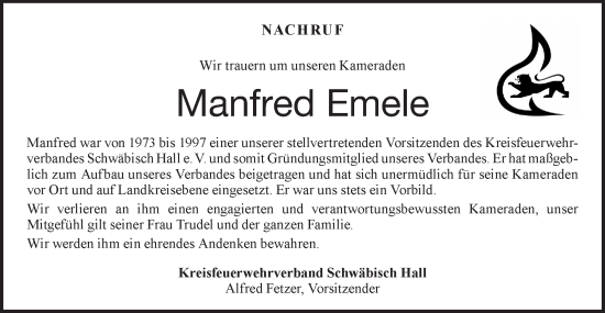 Traueranzeige von Manfred Emele von Haller Tagblatt/Rundschau Gaildorf/Hohenloher Tagblatt