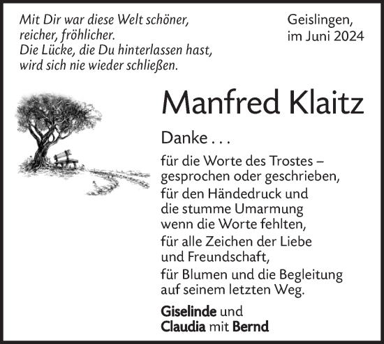 Traueranzeige von Manfred Klaitz von Geislinger Zeitung