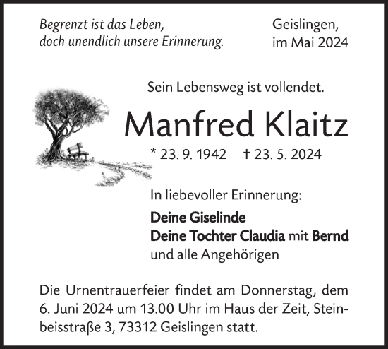 Traueranzeige von Manfred Klaitz von Geislinger Zeitung