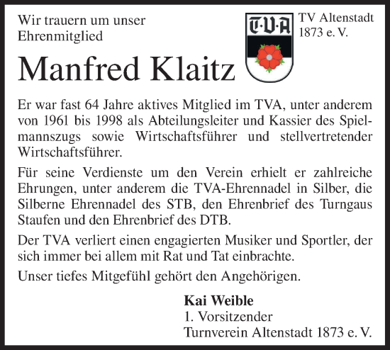 Traueranzeige von Manfred Klaitz von Geislinger Zeitung