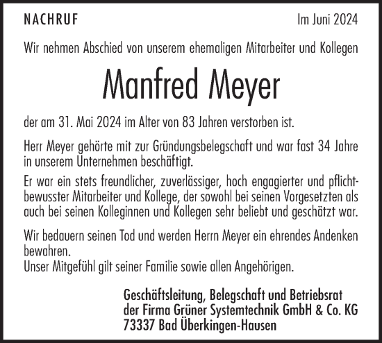 Traueranzeige von Manfred Meyer von Geislinger Zeitung