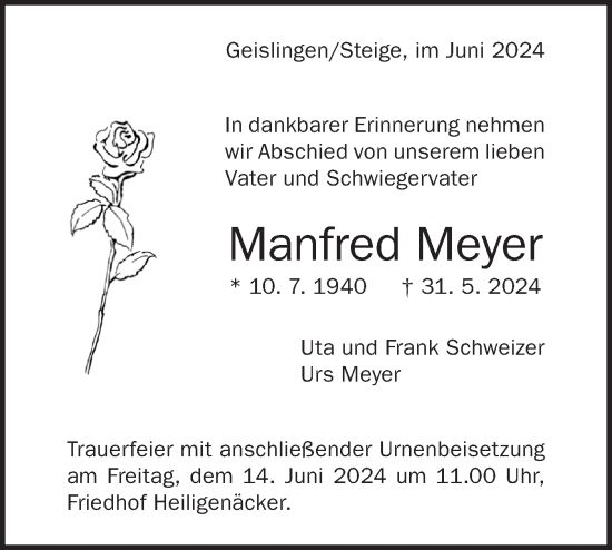 Traueranzeige von Manfred Meyer von Geislinger Zeitung