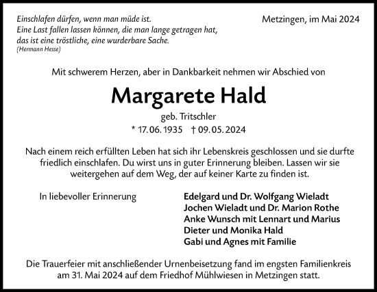 Traueranzeige von Margarete Hald von Alb-Bote/Metzinger-Uracher Volksblatt