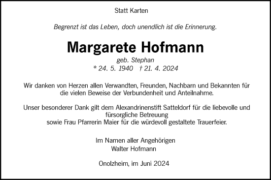 Traueranzeige von Margarete Hofmann von Hohenloher Tagblatt