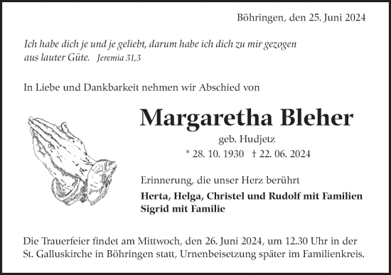 Traueranzeige von Margaretha Bleher von Alb-Bote/Metzinger-Uracher Volksblatt