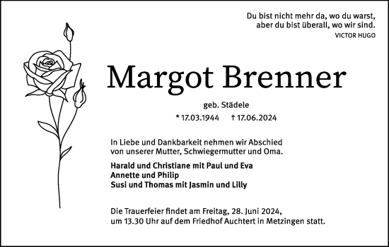 Traueranzeige von Margot Brenner von Alb-Bote/Metzinger-Uracher Volksblatt