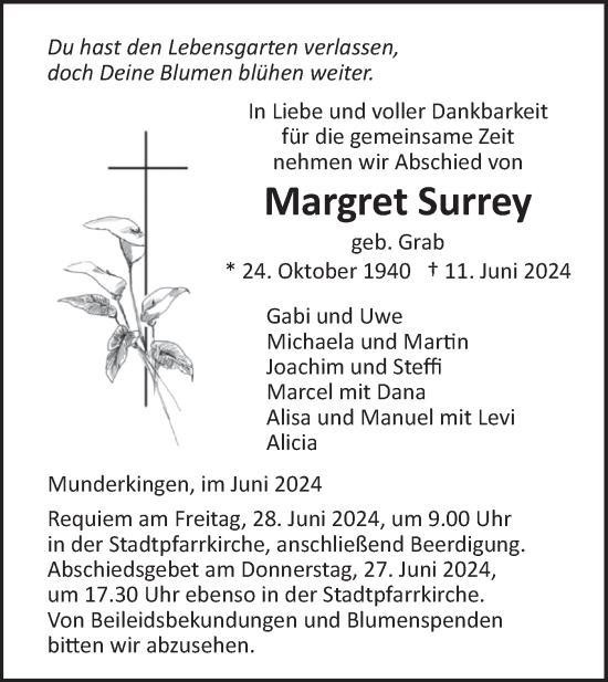 Traueranzeige von Margret Surrey von Ehinger Tagblatt