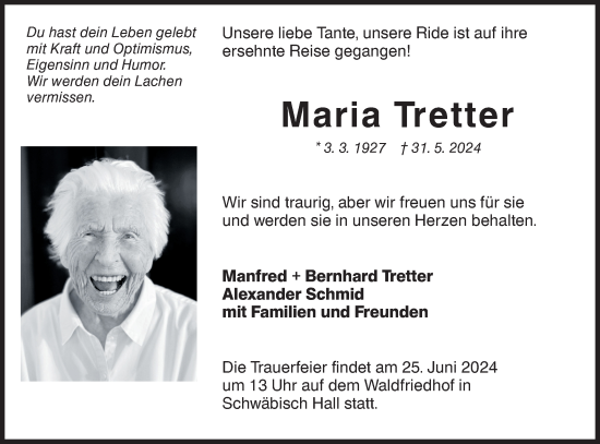 Traueranzeige von Maria Tretter von Haller Tagblatt