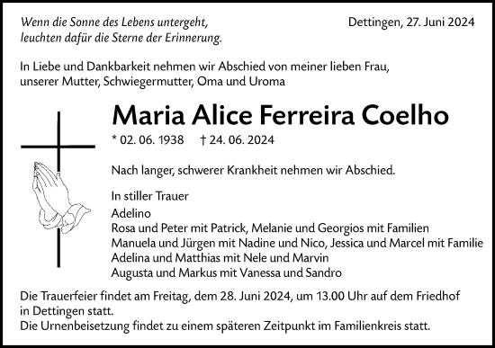 Traueranzeige von Maria Alice Ferreira Coelho von Alb-Bote/Metzinger-Uracher Volksblatt