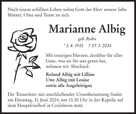 Traueranzeige von Marianne Albig von Hohenloher Tagblatt