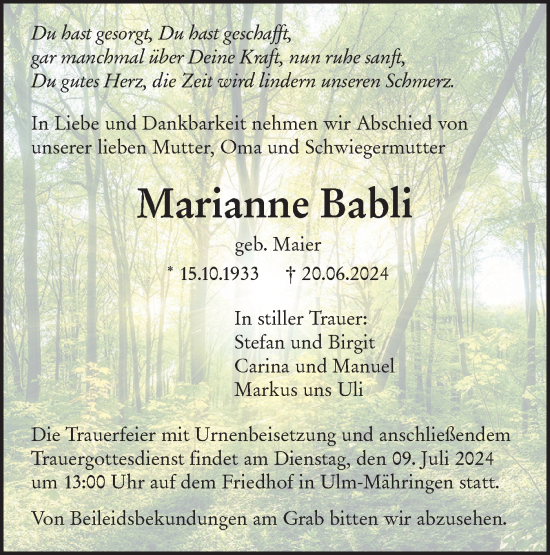 Traueranzeige von Marianne Babli von SÜDWEST PRESSE Ausgabe Ulm/Neu-Ulm