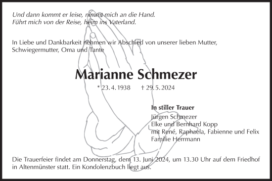 Traueranzeige von Marianne Schmezer von Hohenloher Tagblatt