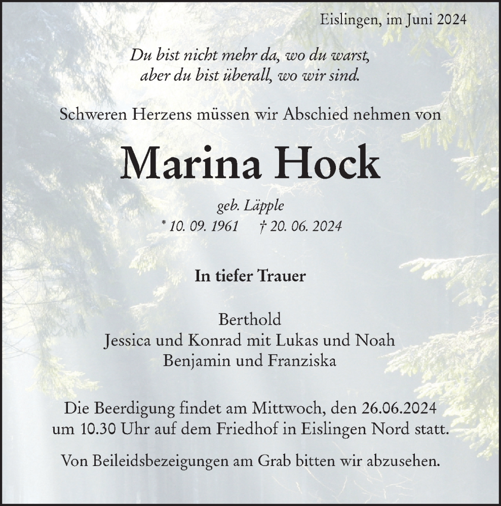  Traueranzeige für Marina Hock vom 24.06.2024 aus NWZ Neue Württembergische Zeitung