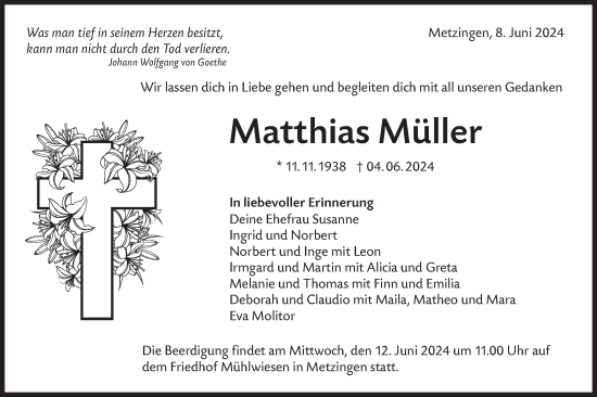 Traueranzeige von Matthias Müller von Alb-Bote/Metzinger-Uracher Volksblatt