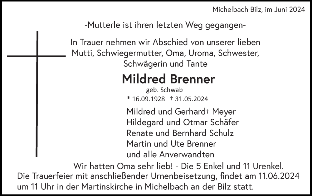  Traueranzeige für Mildred Brenner vom 08.06.2024 aus Haller Tagblatt