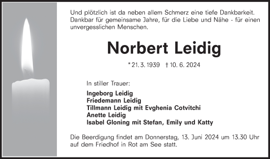 Traueranzeige von Norbert Leidig von Hohenloher Tagblatt