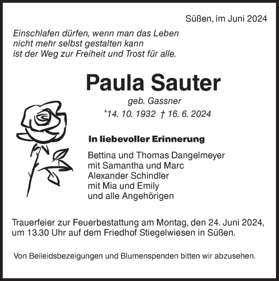 Traueranzeige von Paula Sauter von NWZ Neue Württembergische Zeitung