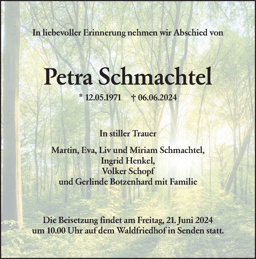  Traueranzeige für Petra Schmachtel vom 15.06.2024 aus SÜDWEST PRESSE Ausgabe Ulm/Neu-Ulm