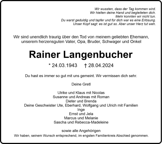 Traueranzeige von Rainer Langenbucher von Hohenloher Tagblatt