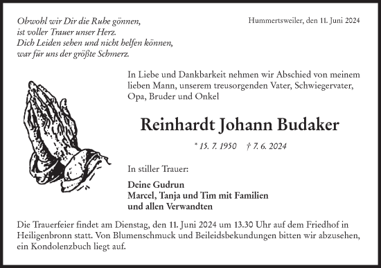 Traueranzeige von Reinhardt Johann Budaker von Hohenloher Tagblatt