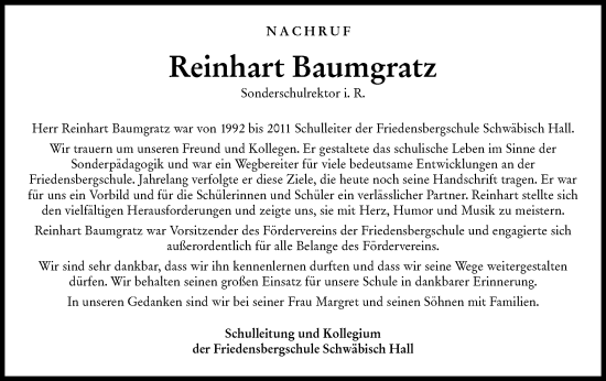 Traueranzeige von Reinhart Baumgratz von Haller Tagblatt