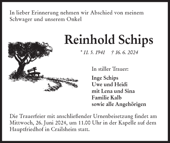 Traueranzeige von Reinhold Schips von Hohenloher Tagblatt
