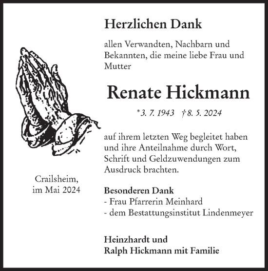 Traueranzeige von Renate Hickmann von Hohenloher Tagblatt