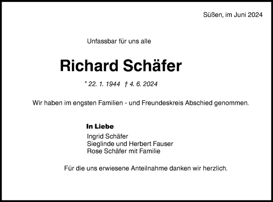 Traueranzeige von Richard Schäfer von NWZ Neue Württembergische Zeitung