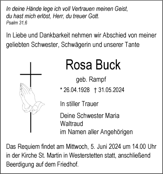 Traueranzeige von Rosa Buck von SÜDWEST PRESSE Ausgabe Ulm/Neu-Ulm