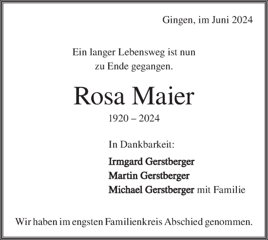 Traueranzeige von Rosa Maier von Geislinger Zeitung