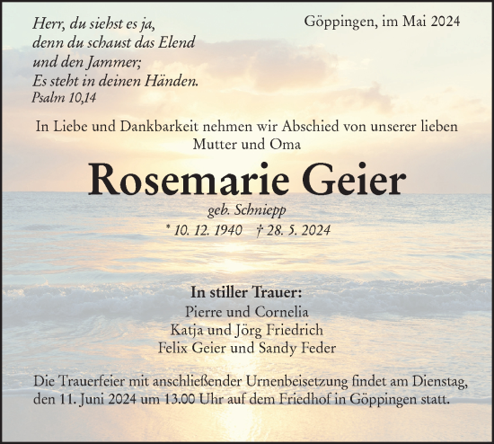 Traueranzeige von Rosemarie Geier von NWZ Neue Württembergische Zeitung