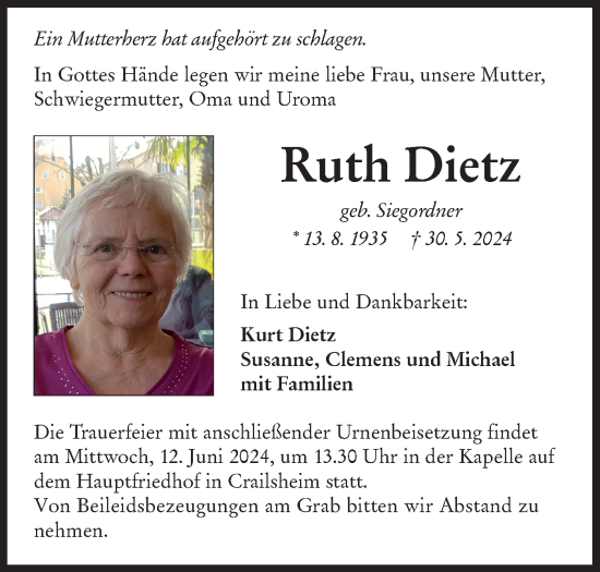 Traueranzeige von Ruth Dietz von Hohenloher Tagblatt