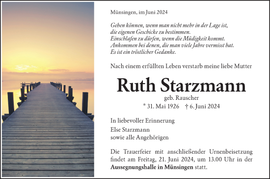 Traueranzeige von Ruth Starzmann von Alb-Bote/Metzinger-Uracher Volksblatt