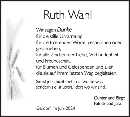 Traueranzeige von Ruth Wahl von Rundschau Gaildorf