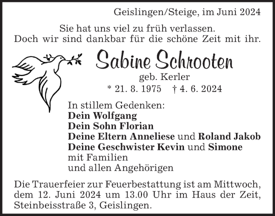 Traueranzeige von Sabine Schrooten von Geislinger Zeitung